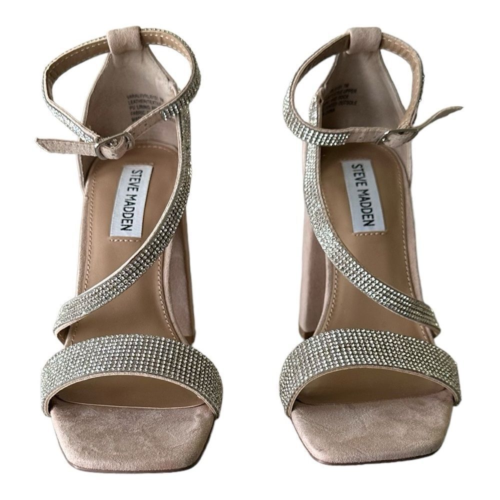 Steve Madden Varali Nude Rhinestone Strappy Block Heel Sandals Size 7